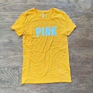 PINK Victoria's Secret Tee T-Shirt Size S Yellow Spell Out